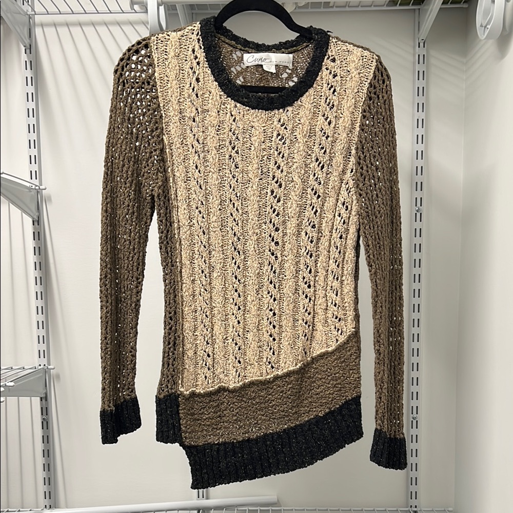 Cable Knit Colorblock Sweater in Cream Brown Forest Green